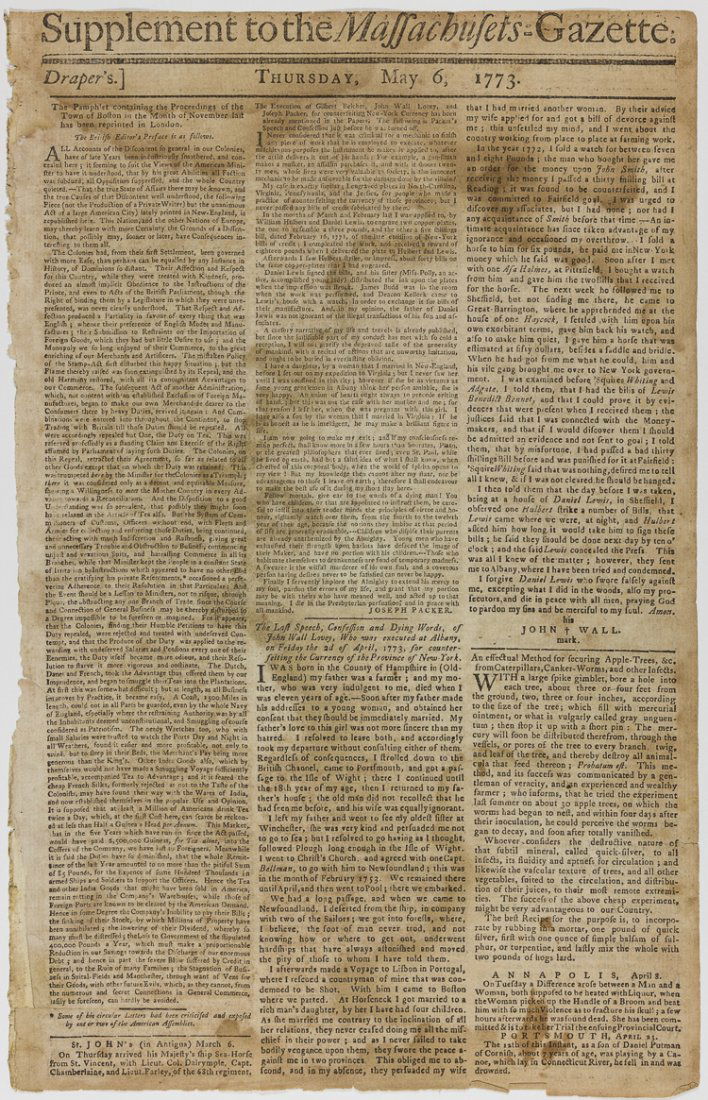 BOSTON BROADSHEET REPORTS LEAD-UP TO TEA PARTY: BOSTON BROADSHEET REPORTS LEAD-UP TO TEA PARTY Fine content broadsheet, "Supplement to the Massachusetts-Gazette" (Boston: printed by Richard Draper), May 6, 1773, 2pp. folio, leading with an article