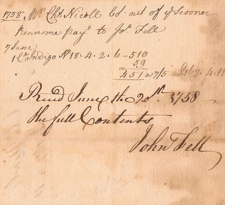 JOHN FELL: JOHN FELL (1721–1798) American merchant and jurist, and New Jersey delegate to the First Continental Congress. A.D.S. 1p. 12mo., [n.p.] 1758, his acknowledgement of the receipt of a quantity of impo
