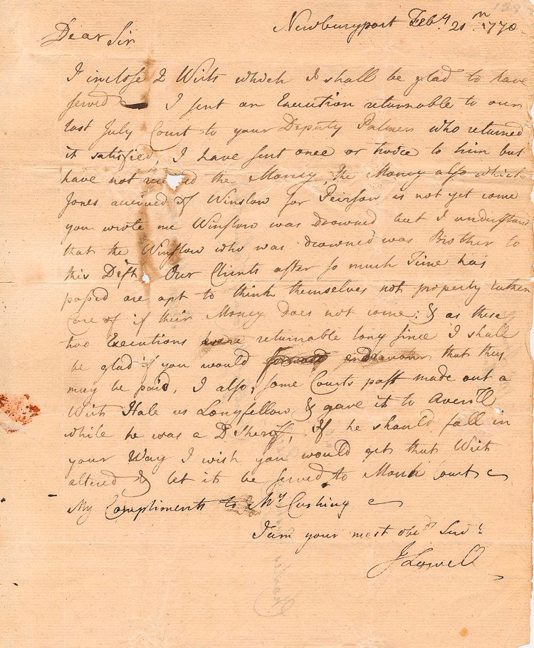 JOHN LOWELL: JOHN LOWELL (1743 - 1802) Delegate to the Congress of the Confederation and federal judge, remembered for introducing the clause in the Massachusetts constitution banning slavery. A.L.S. 1p. 4to., New