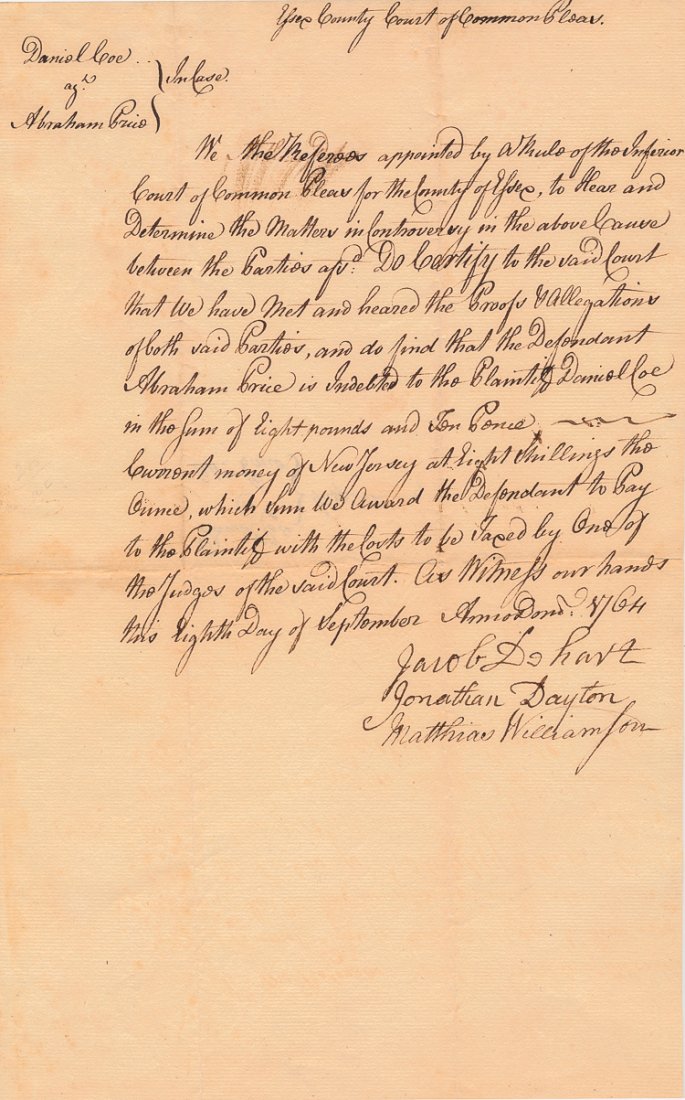 JONATHAN DAYTON: JONATHAN DAYTON (1760 - 1824) Signer of the Constitution, member of the Continental Congress and Constitutional Convention. Manuscript D.S., 1p. legal folio, [New Jersey], Sep. 8, 1764, a decision by 