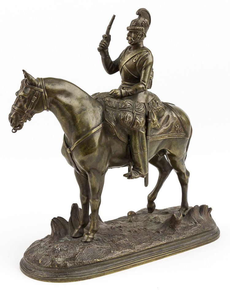 BRONZE STATUE OF AN AUSTRIAN DRAGOON: BRONZE STATUE OF AN AUSTRIAN DRAGOON Cast bronze statue of an Austrian dragoon from the reign of Franz Joseph I, ca. 1870s. The bronze, 7 1/2" wide and 7 1/2" tall, shows an advancing mounted dragoon 