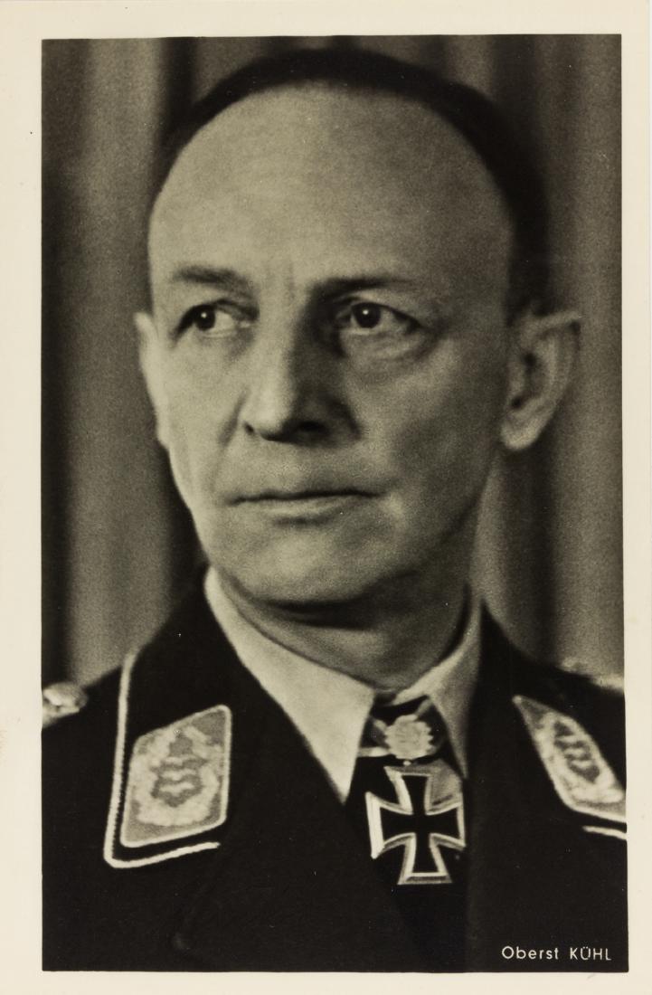 ERNST KUHL: ERNST KUHL (1888-1972) Oberst der Reserves of the Luftwaffe, recipient of the Knight's Cross with Oak Leaves. S.P., 3" x 5 1/2" b/w, a real-photo Hoffman postcard with a chest-up view of Kuhl in unifo
