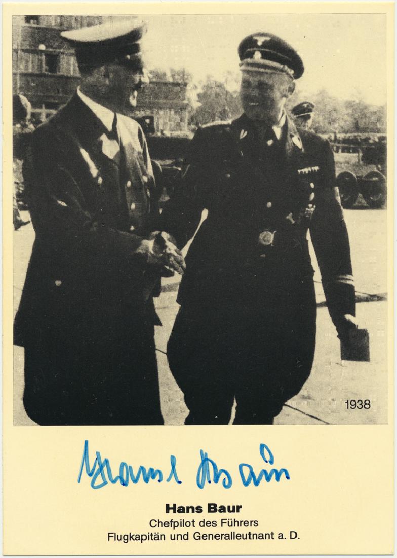 OTTO GUNSCHE AND HANS BAUER: OTTO GUNSCHE AND HANS BAUER Lot of two signed postcards, both signed post-war, includes HANS BAUER, Hitler's chief pilot, and OTTO GUNSCHE, his personal valet and aide. Very good.