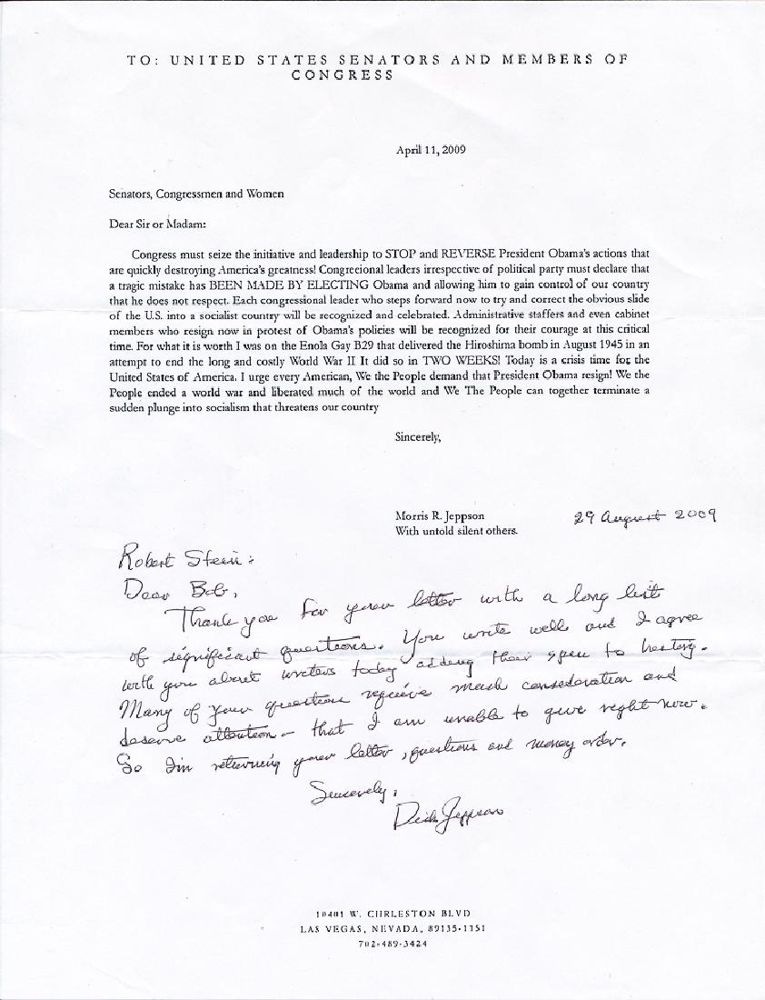 MORRIS JEPPSON: MORRIS JEPPSON (1922 - 2010) American Air Corps officer, weaponeer on the Enola Gay, responsible for arming the Hiroshima atomic bomb during the flight to Japan. Partly-typed L.S., 1p. 4to, Aug. 29, 2
