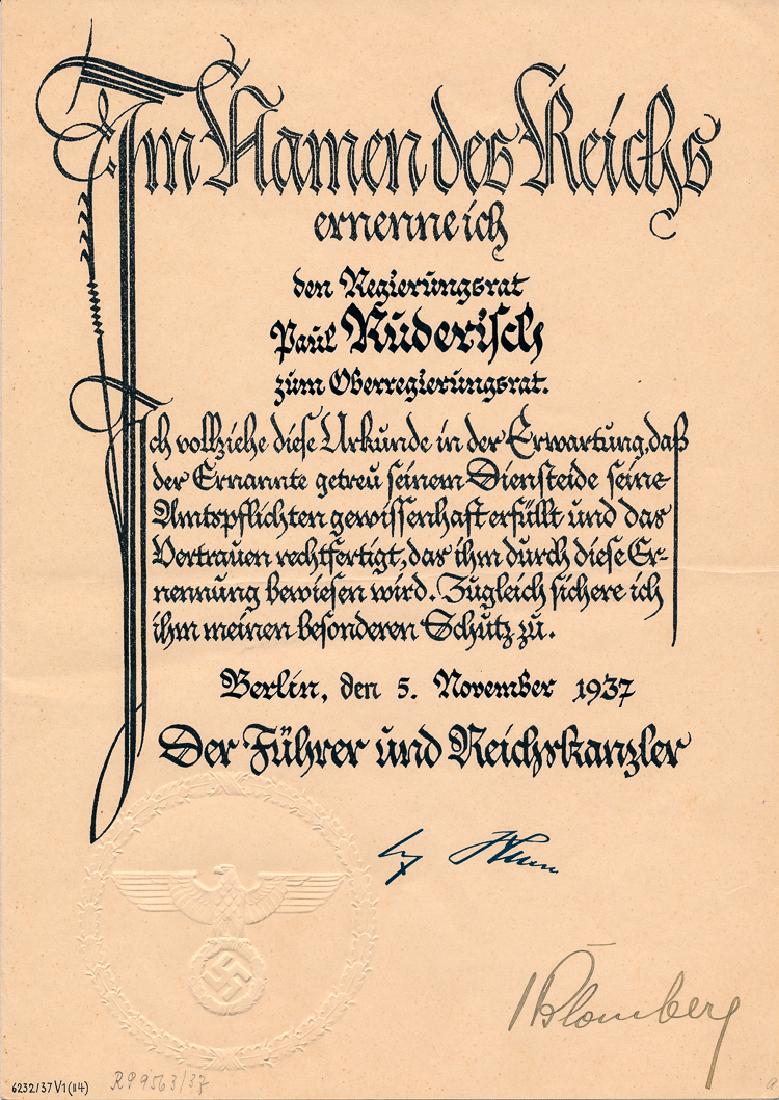 WERNER VON BLOMBERG: WERNER VON BLOMBERG (1878 - 1946) as Minister of Defense and Supreme Commander of the German Armies. Resigned following accusations that he had married a prostitute. Partly-printed D.S., 1p. large 4to