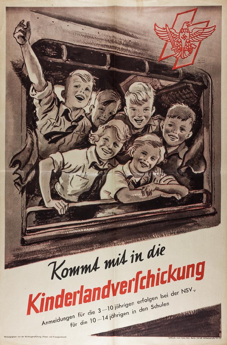 "CHILDREN'S EVACUATION" POSTER: "CHILDREN'S EVACUATION" POSTER Scarce Third Reich-era poster, 23 1/2" x 15 3/4", advertising the relocation of German children to the countryside to avoid the large-scale Allied bombing raids against 