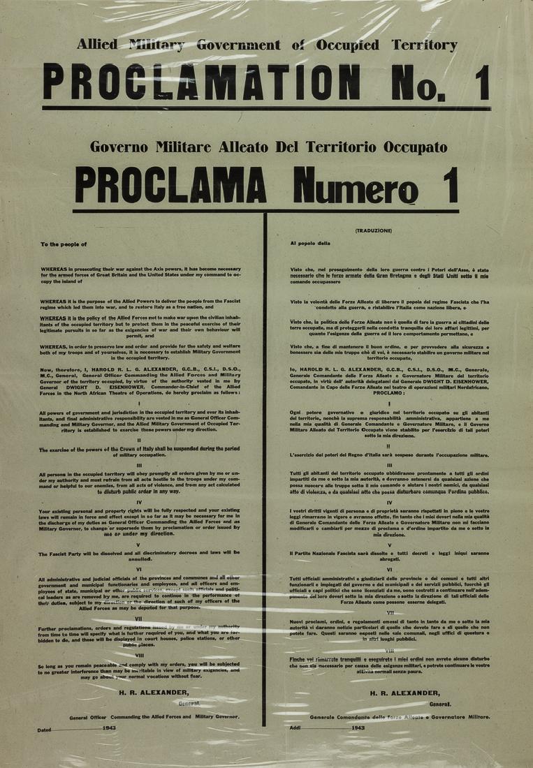 ALLIED PROCLAMATION ON THE SURRENDER OF ITALY: ALLIED PROCLAMATION ON THE SURRENDER OF ITALY Rare printed military proclamation printed in English and Italian, "Allied Military Government of Occupied Territory PROCLAMATION No. 1", s19" x 27 1/4", 