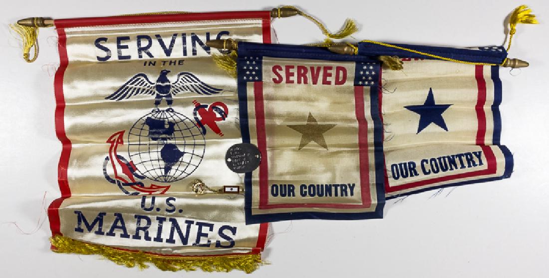AMERICAN FAMILY SERVICE FLAGS AND PIN: AMERICAN FAMILY SERVICE FLAGS AND PIN Lot of three window service flags, various sized but average about 8" x 10", includes a blue star flag, a gold star flag (KIA), and a flag indicating that a famil