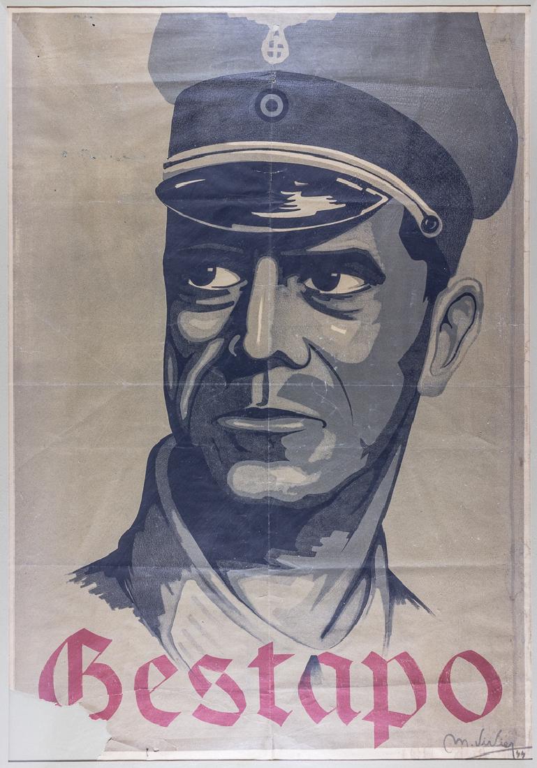 POST-WAR "GESTAPO" POSTER: POST-WAR "GESTAPO" POSTER Post-war "Gestapo" poster oft touted as a war-date item yet still a compelling piece, 16" x 23 1/4" (sight), shows a grim-faced man in uniform with red lettering at bottom: "