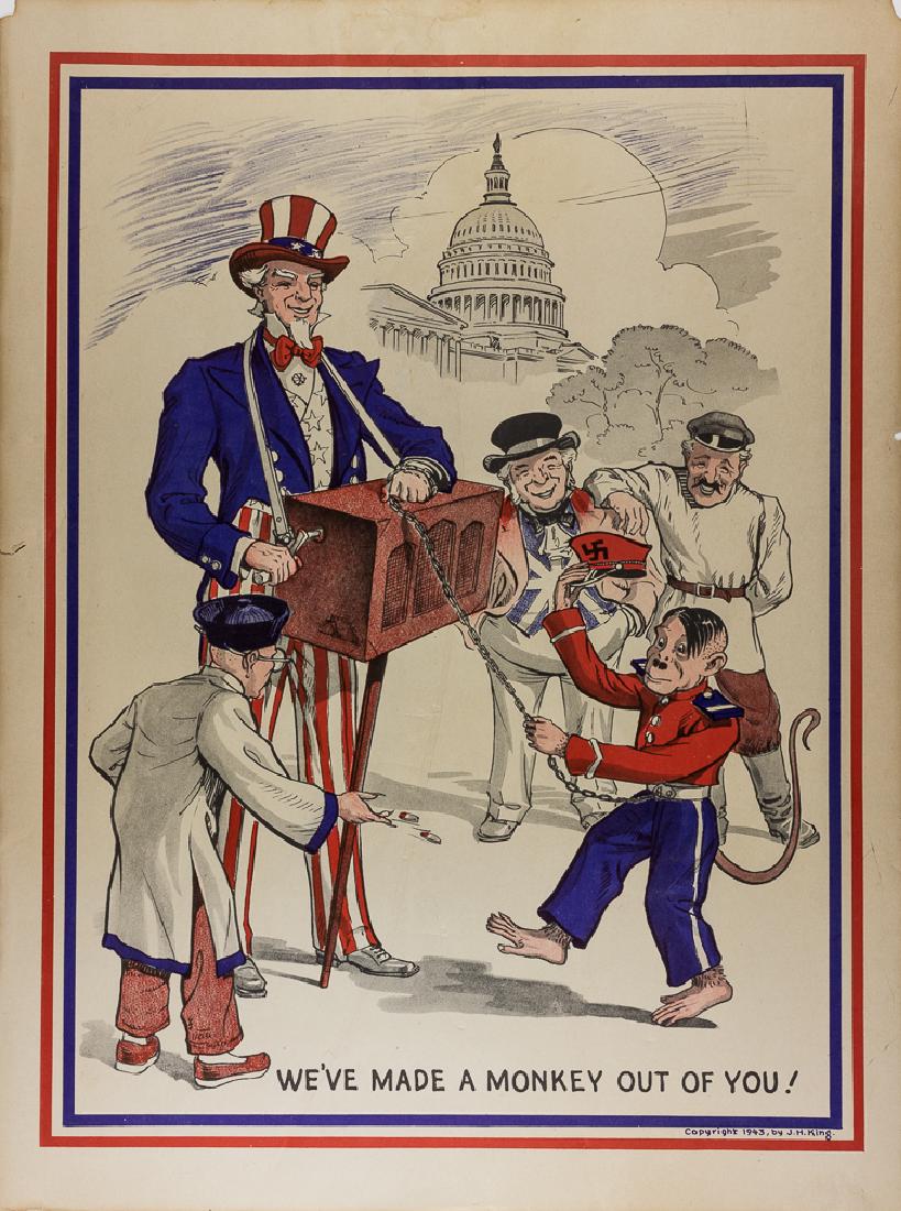 SARCASTIC ANTI-HITLER PROPAGANDA POSTER: SARCASTIC ANTI-HITLER PROPAGANDA POSTER Anti-Hitler propaganda poster, likely early war period, 15" x 20", shows an ape-like Adolf Hitler chained to his organ-grinder, Uncle Sam, as the British John B