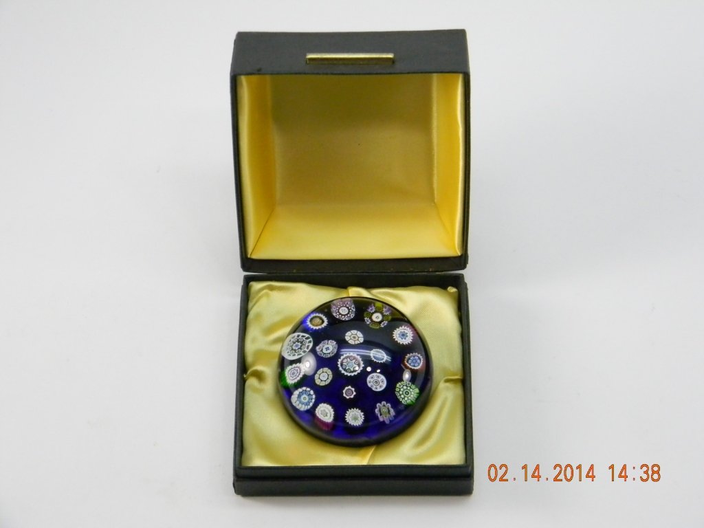 Millefiori Contemporary Paperweight by Perthshire: Perthshire paperweight, millefiore on cobalt ground, with 19 complex multiple colored canes, size is 3" wide