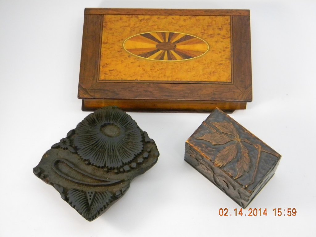 Lot of Carved Wood Boxes & Press: Two decorative boxes, one inlaid, one carved, one is about 5'' by 10.5'', one is 3'' by 5.5''. One wooden mold press. Some pieces missing from inlaid box