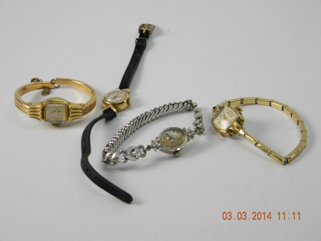 Lot of Womens Watches Wittnauer Omega Elgin Bulova: Wittnauer, 14k rolled gold Omega, 10k rolled in old plate, Elgin, 10k rolled in gold plate Bulova.
