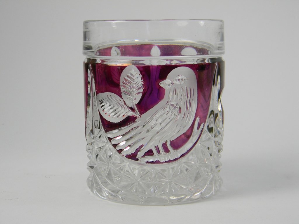 Ruby Flash Pressed Glass Tumbler W/ Birds: Cranberry flash cut glass tumbler. Height 4''