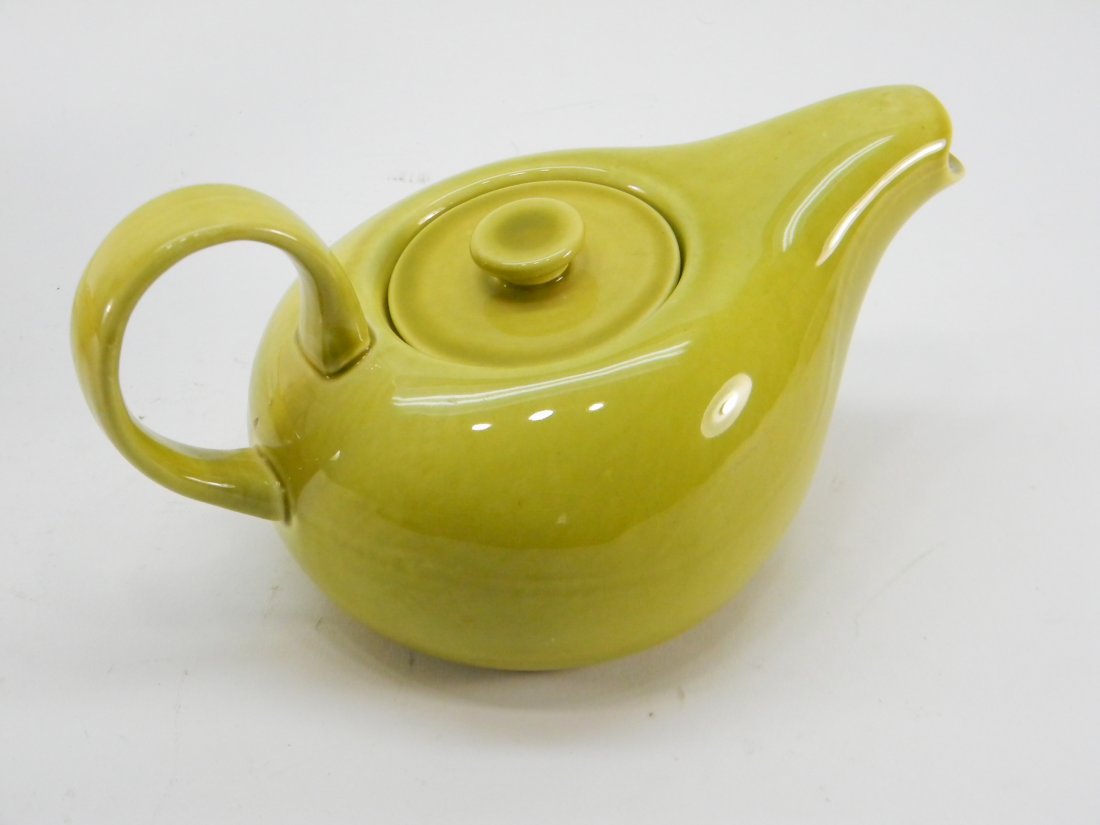 Russel Wright Chartreuse Ceramic Kettle: Russel Wright Chartreuse Ceramic Kettle. Approximately 6'' tall and 10'' long from handle to spout.