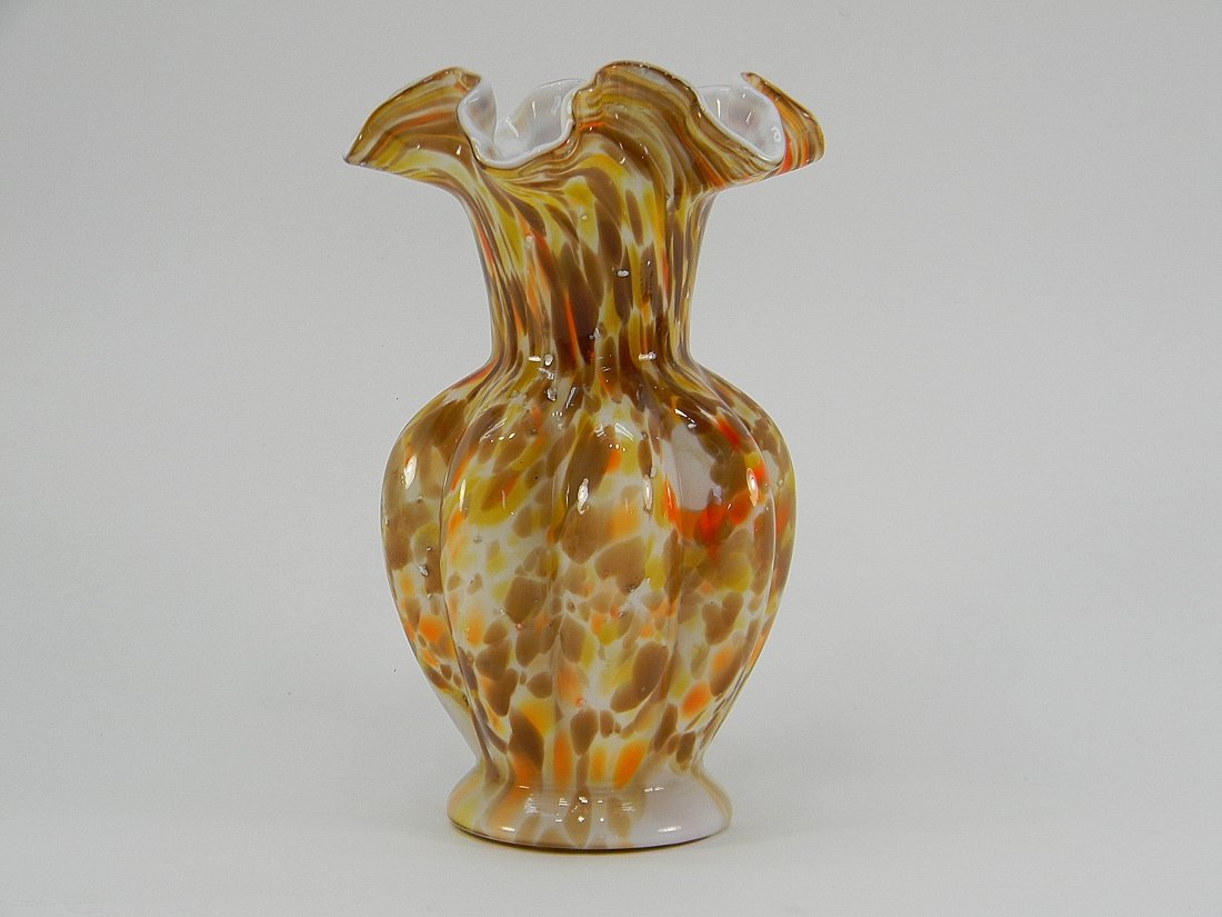 Fenton Vasa Murrhina Art Glass Vase: Fenton style vase with brown, orange, white, and some silver specs. Height 7.5''