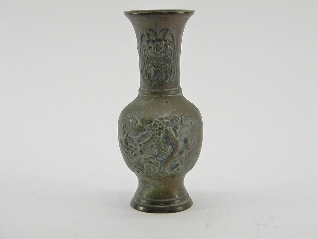 Old Chinese Bronze Vase Panels Bird & Tree Scenes: Old Chinese style vase. 2 handles are missing as well as the bottom. Height 7''. Sold as Is.