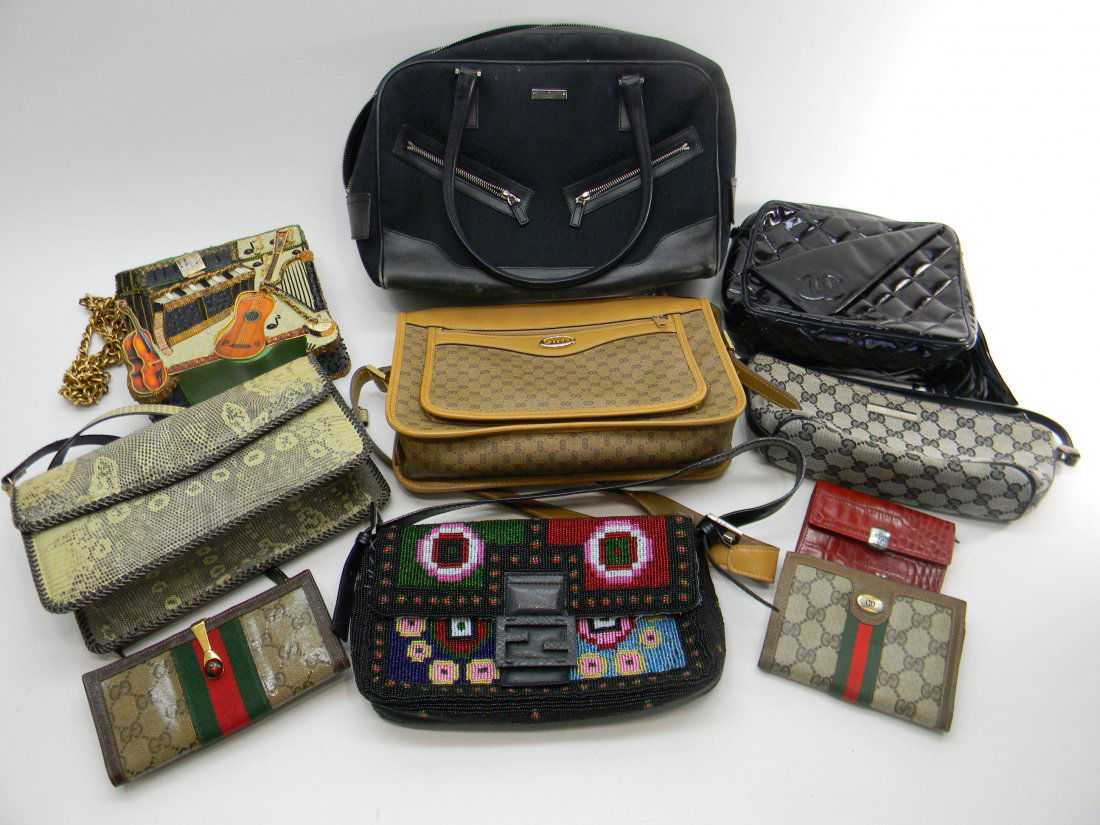 Lot of Designer Pocket Books: Lot of 6 pocket books and 3 wallets. Gucci, Chanel, Fendi, Ralph Lauren.1. from top left to bottom; Mary Francis, has mark VT but not sure also reads lizard skin, Gucci purse marked in gold made in It