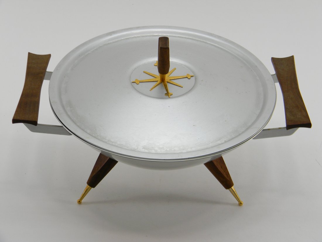 Mid Century Modern Danish Covered Aluminum Bowl: Signed "Mirro" Medallion. Some usage marks on lid.