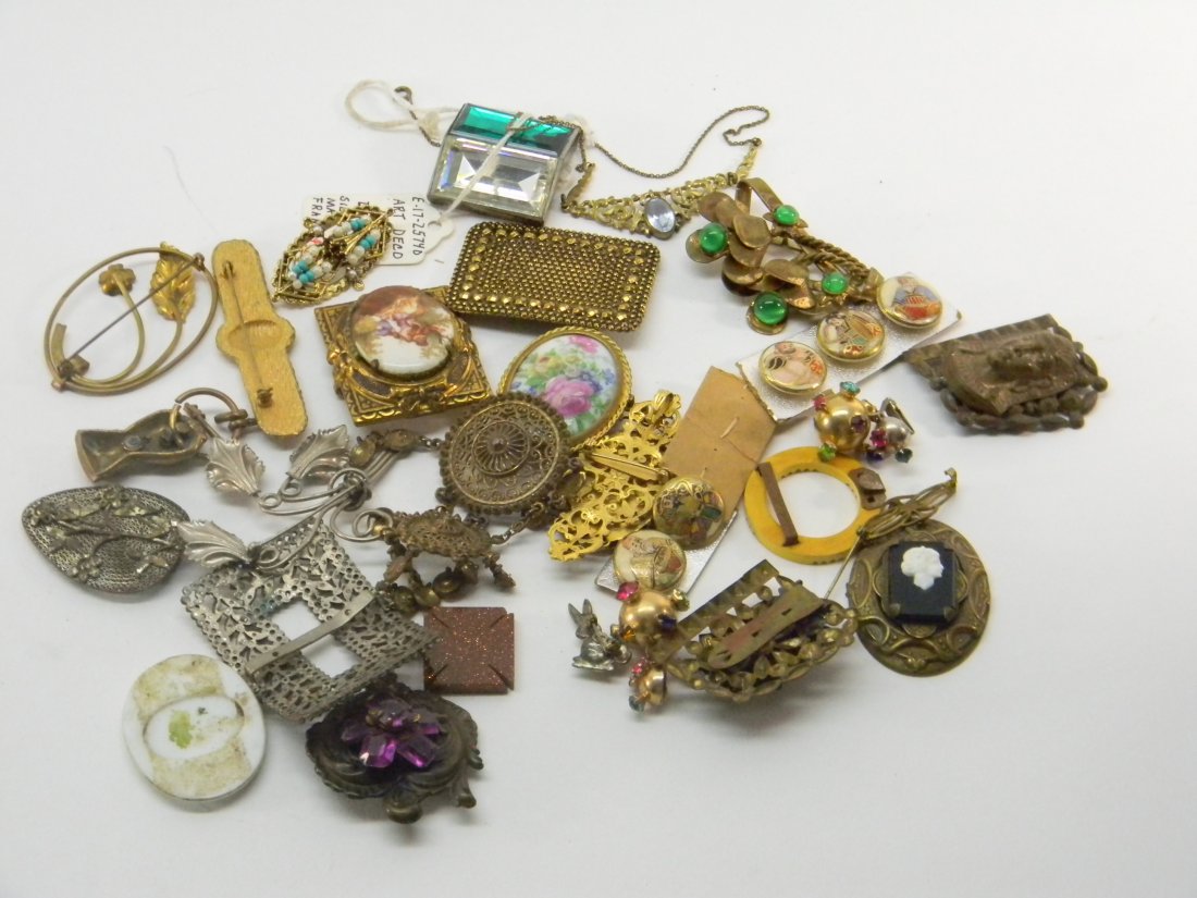 Lot of Antique & Costume Jewelry Porcelain: Lot of antique costume jewelry includes earrings, pins, pendants, and necklaces. Porcelain locket & Limoge buttons,