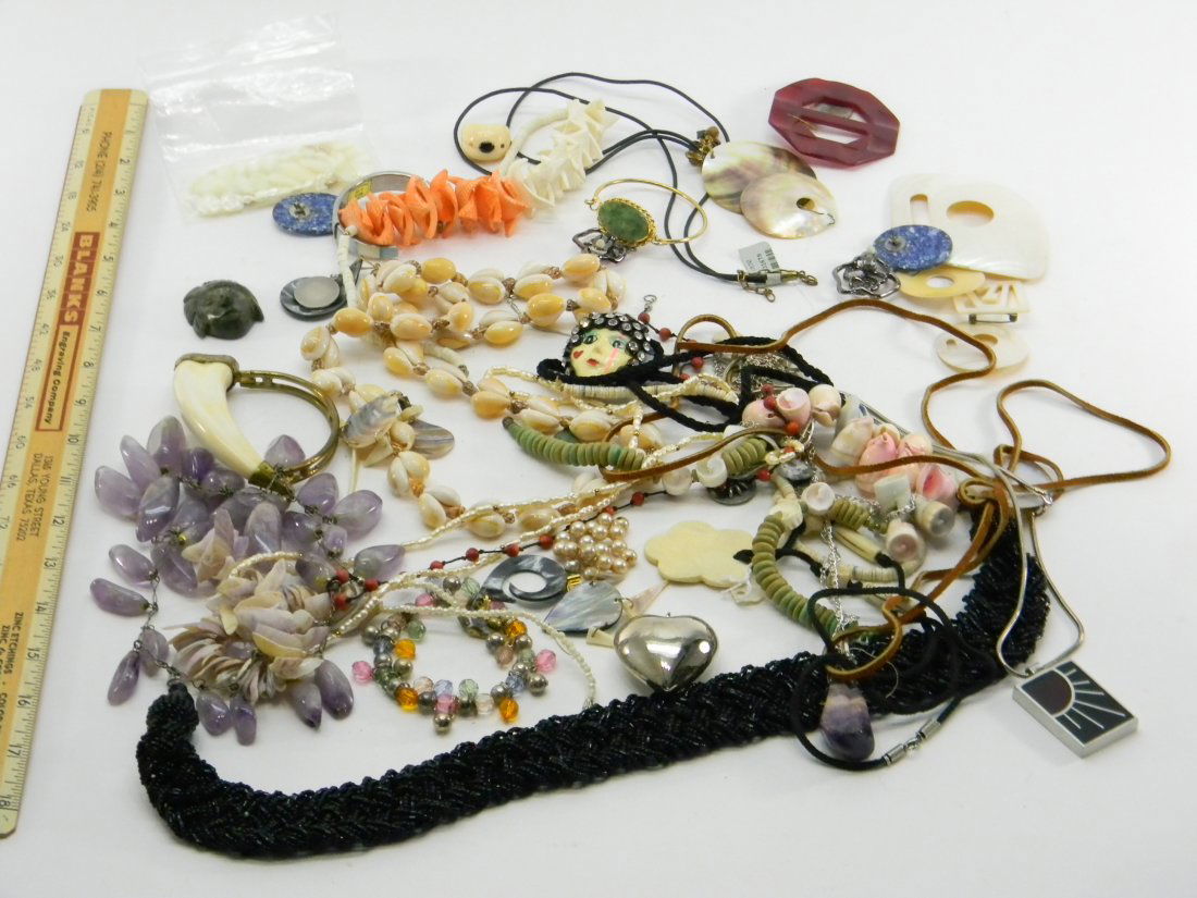 Lot of Costume Jewelry Bone, Abalone, Shell: Lot of pendants, necklaces, bracelets. Amethyst bracelet