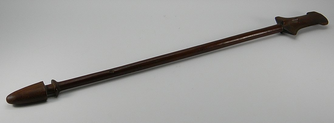 African Carved Wood Staff Weapon Walking Stick: Hardwood. There is a slight superficial crack on bottom spear part. On the finial on the very top there are two large chips of woods missing from both sides. Down further on the protrusion there is on