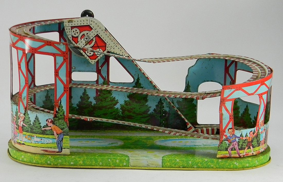 Vintage J. Chein Roller Coaster Toy & Car: Litho Tin Toy Roller Coaster with 1 car. Approx. 20'' L by 9'' W. Some slight rust and wear otherwise in good condition.