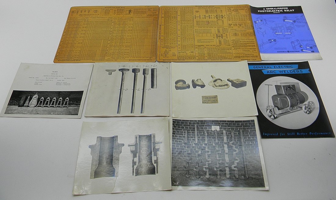 Lot Bethlehem Steel Tablets Photos Pamphlets 1934: Lot Bethlehem Steel Machining Photos Brochures. Two tablets showing engineering tables beams, joists, column sections of steel. One photo of American La France fire engine company. Two General Electri