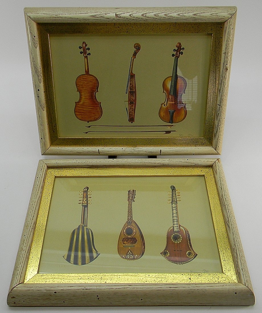 Pair of William Gibb Prints Musical Instruments: Pair of Framed William Gibb Prints. Quinterna and Mandoline. Violin, The Hellier Stradivarius, and two old bows noted for the fluting. Each approx 16'' by 12''. Signed William Gibb. Labels on back.