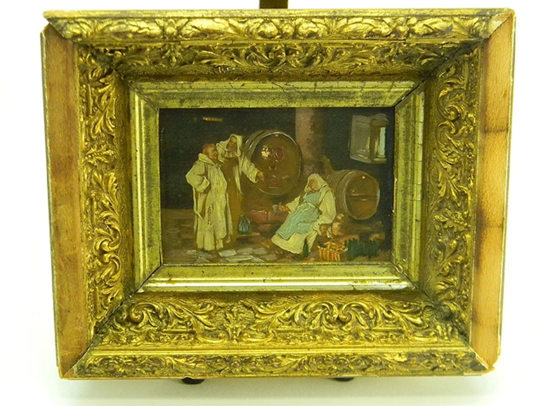 18th-19th C. Monk Drinking in Cellar Oil Painting: Possibly 18th-19th century, Monk pointing out to another of nun drinking from wine barrels in cellar. Oil on canvas. Small circular area of damage to canvas near top of wine barrel (see photo). Approx
