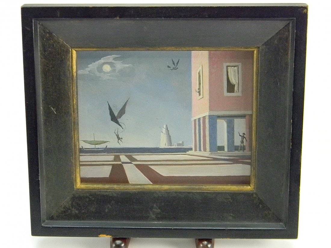 Harold Sterner Surreal "Icarus II" Oil, Signed: Harold Sterner (1895 - 1976) Surreal "Icarus II" oil on masonite. Board 9 1/2" x 8". Frame 11'' x 9.75''. Unsigned. See original Kennedy Galleries New York label for description of artist. Slight pain