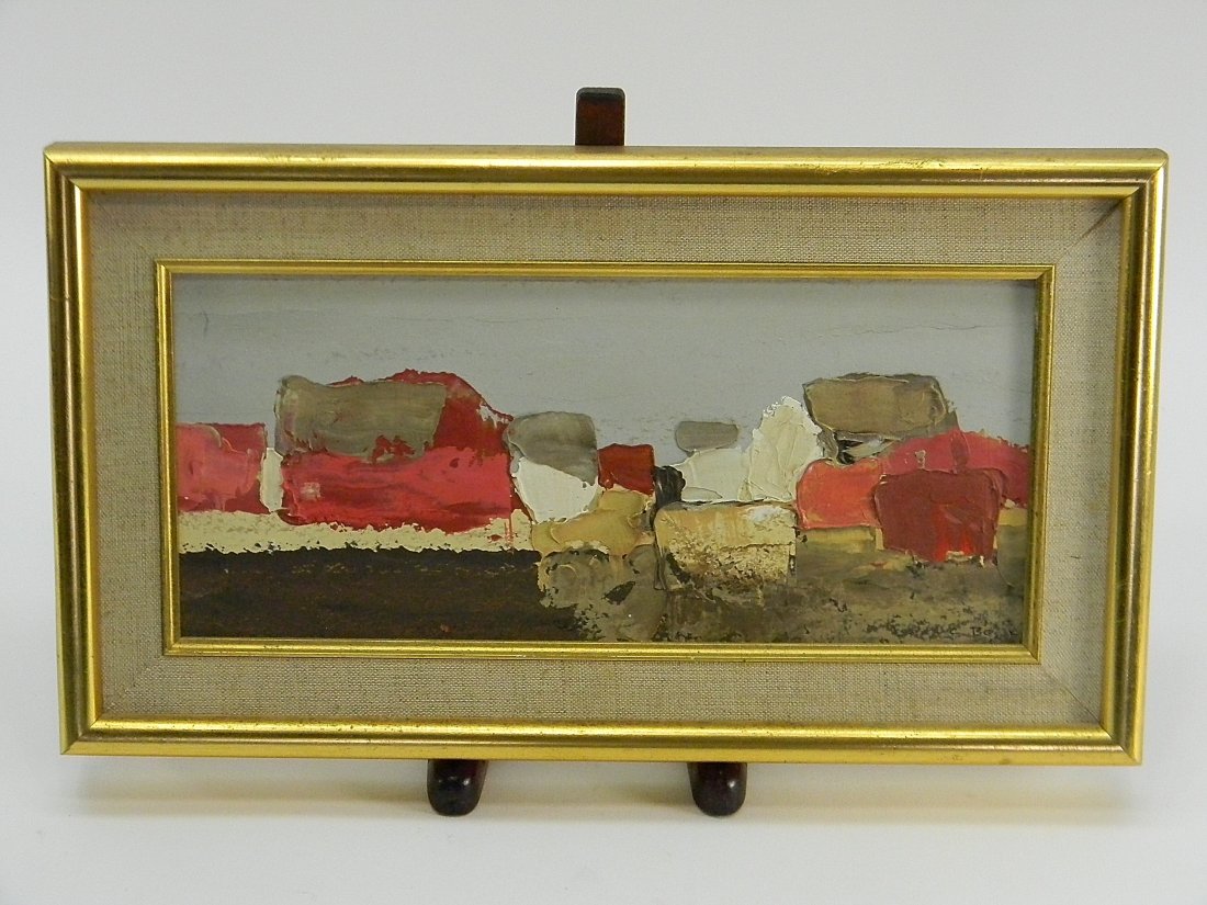 Charles Beck Abstract Style Painting Barns: Charles Beck (1923). Casien Red farm. Oil painting. Approx: 14.5'' x 8''. Signed lower right. Artist info on reverse upper hand corner