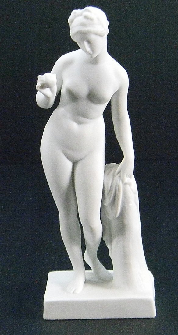 Bing & Grondahl Classic Bisque Figurine Woman: 1960's-70's White parian bisque neo classical figurine of a woman. Impressed marks made in Denmark, B & G KJ____. Approx. 6.5'' h. Good condition.