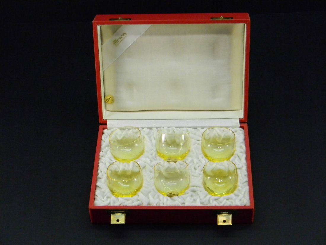 Moser Set of 6 Yellow Liquor Glasses in Box: Set of 6 Moser Yellow Liquor Glasses in original fitted presentation box. Acid etched marks. Approx: 2'' in height. VGC.