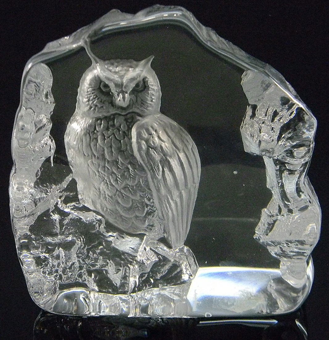 Jonasson Etched Crystal Glass Sculpture of "Owl": Intaglio etched owl in glass surrounded by a framed carved rock sculpture. Signed Rubblil Jonasson Approx. 6'' h.
