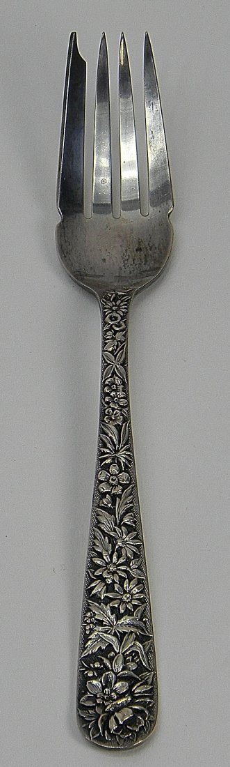 Kirk & Sons Sterling Repousse Salad Fork: Kirk & Sons Sterling Fork. Approx 9.5'' long. Weight 102 grams.