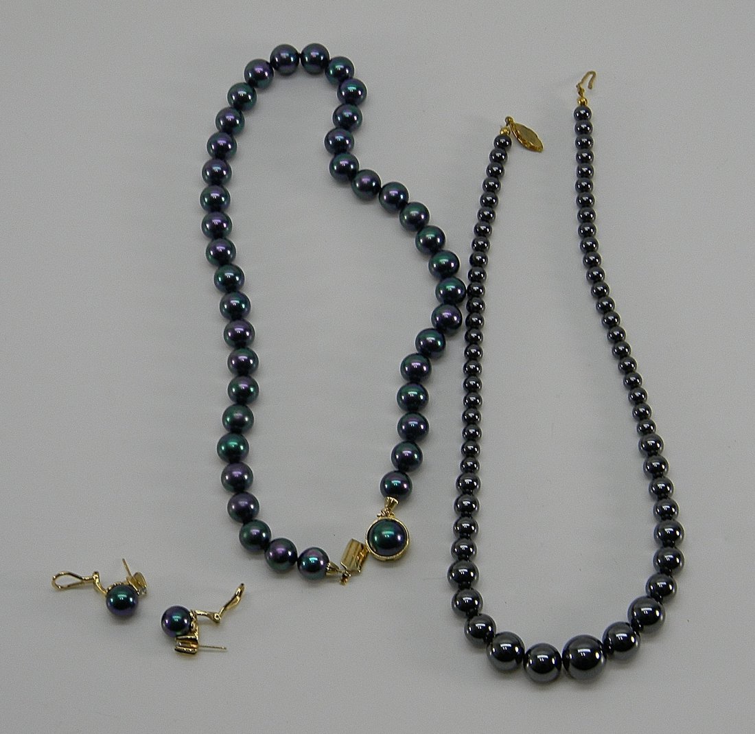 Lot Tahitian Majorca Sterling Necklace, Earrings: Lot includes: 1 signed Majorca Tahitian organic single 19" strand pearl necklace with pearl clasp marked Majorca 925 made in Spain and attached "M" marked with same information with matching pair stud