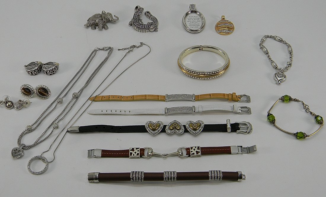 Lot of Costume Jewelry Brighton Swarovsky, Pelle: Lot includes: 1 signed Brighton silver & gold hearts leather belt strap bracelet, 1 LILO silver leather belt strap bracelet, 1 ss crystal brown plastic belt strap bracelet, 2 Vera Pelle crystal, ss an