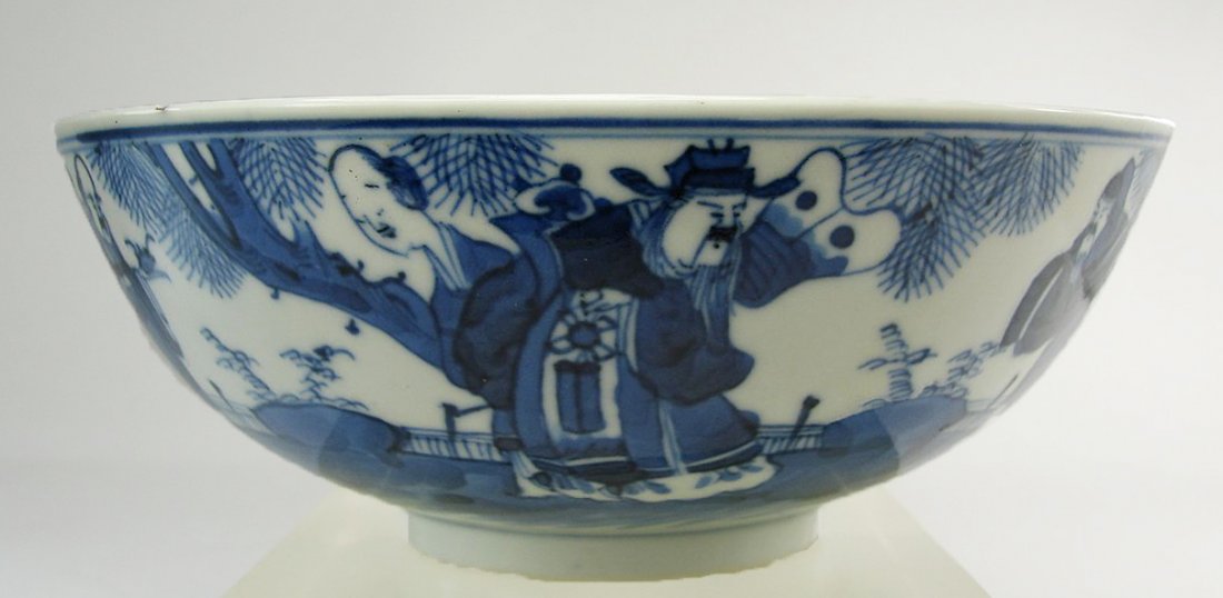 Chinese Underglaze Blue Bowl Qianlong Reign Mark: Chinese bowl with underglaze blue decoration of a garden scene, there is a Qianlong (Chien Lung)four character reign mark on the base. The bowl has some firing flaws, and one old chip on the rim. Heig