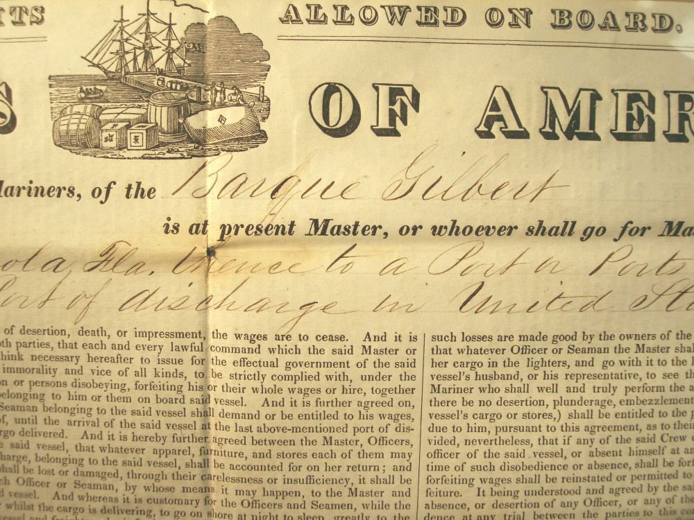 1848 Ship " Gilbert " Crew Wages to Florida & Mexico: Very interesting piece of maritime history, printed form for signing on for a trip on the barque Gilbert of Bath Maine, sailing from Providence Rhode Island to Aplachacola, Florida and on to the Gulf