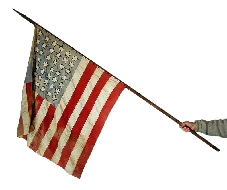 American Flag Indian Wars Period 42 Stars Orig Standard: An American Flag featuring 42 stars, dating from the Indian Wars Period, that is mounted on it's original Standard by brass upholstery tacks, with further upholstery tack decoration. The flag is a squ