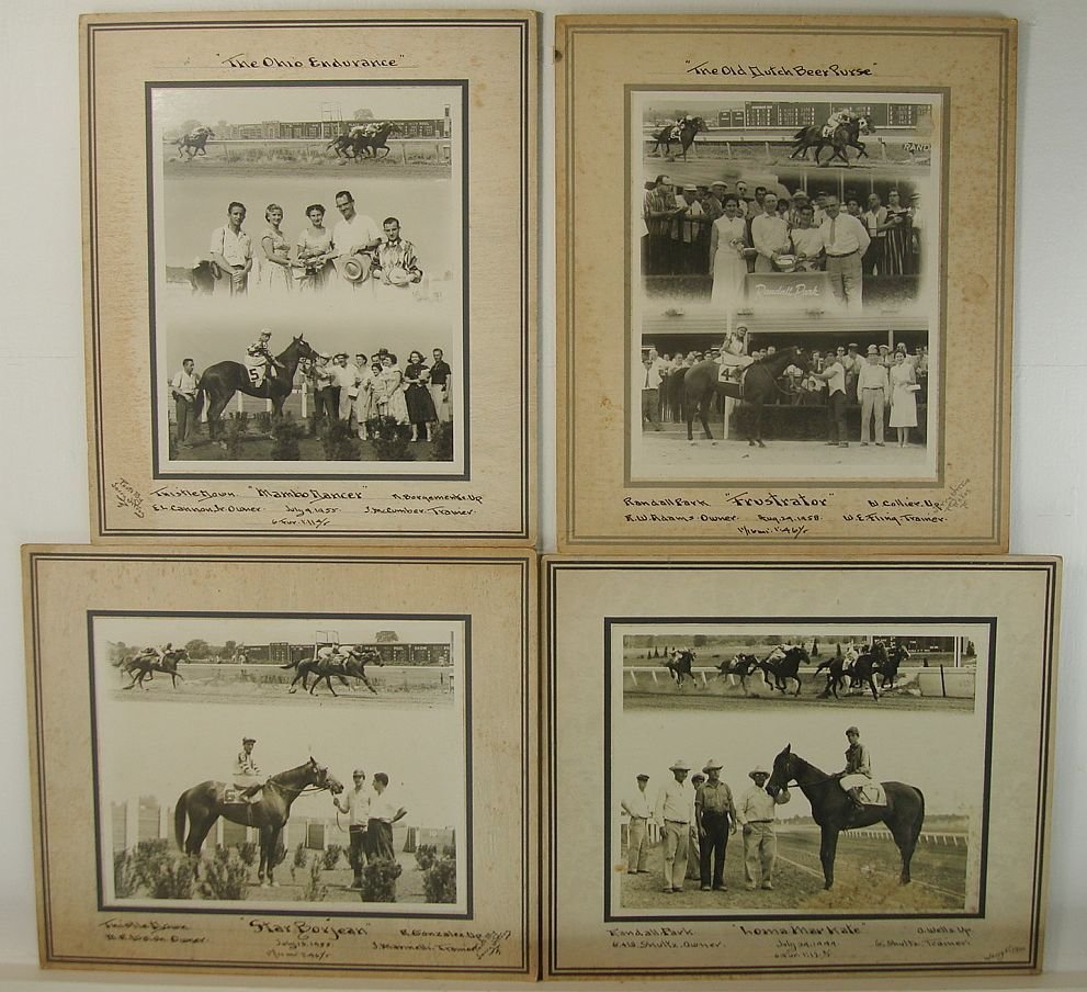 Four Horse Racing Photographs Randall Park Thistledown: Set of four horse racing photographs, two of the photographs are from Randall Park and two are from Thistledown, the photos are dated from 1949 to 1958, and list the trainers, owners, jockeys, dates o