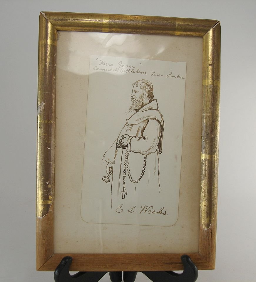 Edwin Lord Weeks Ink Drawing Frere Jean of Bethlehem: Pen and ink sketch of "Frère Jean" of the Convent of Bethlehem Terra Santa signed E.L.W for Edwin Lord Weeks (1849-1903) American orientalist artist.Frame 10 1/2 inches by 7 1/2 inchesSketch 6 3/4 in