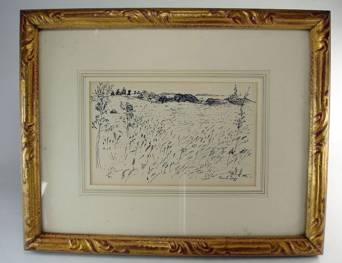 Raoul Dufy Landscape Pen and Ink Signed: Landscape with a meadow and home near the shore done in pen and ink and signed lower right Raoul Dufy (1877-1953).Frame 13 1/8 inches by 16 1/2 inchessight 5 1/2 inches by 9 inches Provenance on paper