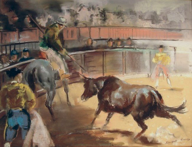 Randall Davey Painting of a Bullfight: Signed pastel painting of a picador and matador at the beginning of a bullfight by Randall Davey 1887-1964. Davey was celebrated American sportsman, educator and painter of horses.From estate of a Ken
