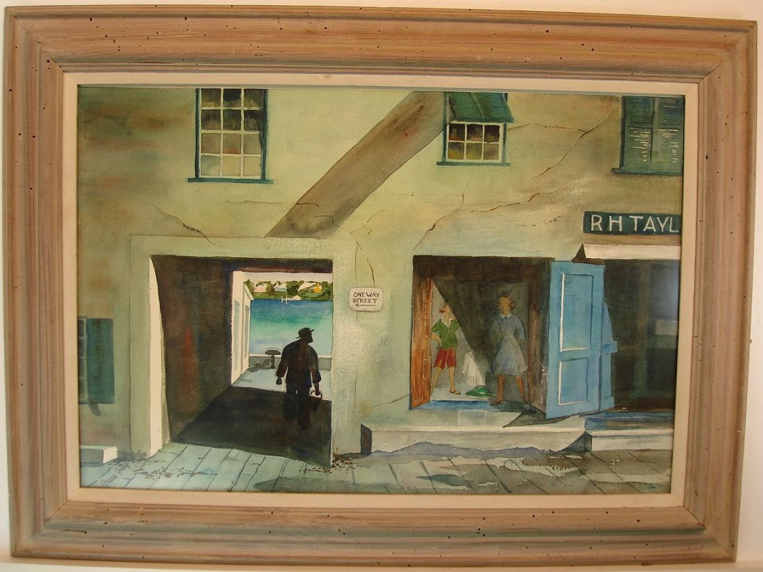 Grace Gray Watercolor Harborside Street View: Watercolor painting of a street scene signed in the lower left corner Grace Gray. Generally good condition. Sight Height:19 1/2 Inches (49.5 cm) Sight Width: 29 1/8 Inches (74.0 cm) Frame: 36 3/4 x 27