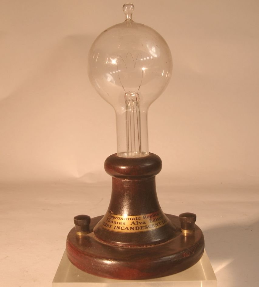 1929 Edison Light Bulb Working Model of 1879: Model of the original Thomas Alva Edison incandescent bulb. This is a working replica of Edison's famous electric lamp. It was made for the fiftieth anniversary of the electric light in 1929, I believ
