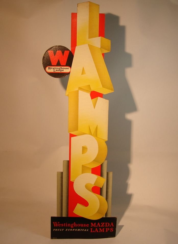 Westinghouse Mazda Lamp Display Sign Advertising: This art deco store window display advertised Westinghouse Mazda Lamps. Early mid century cardboard folding display was found in storage and was rarely or never used. 39 1/2 inches tall.