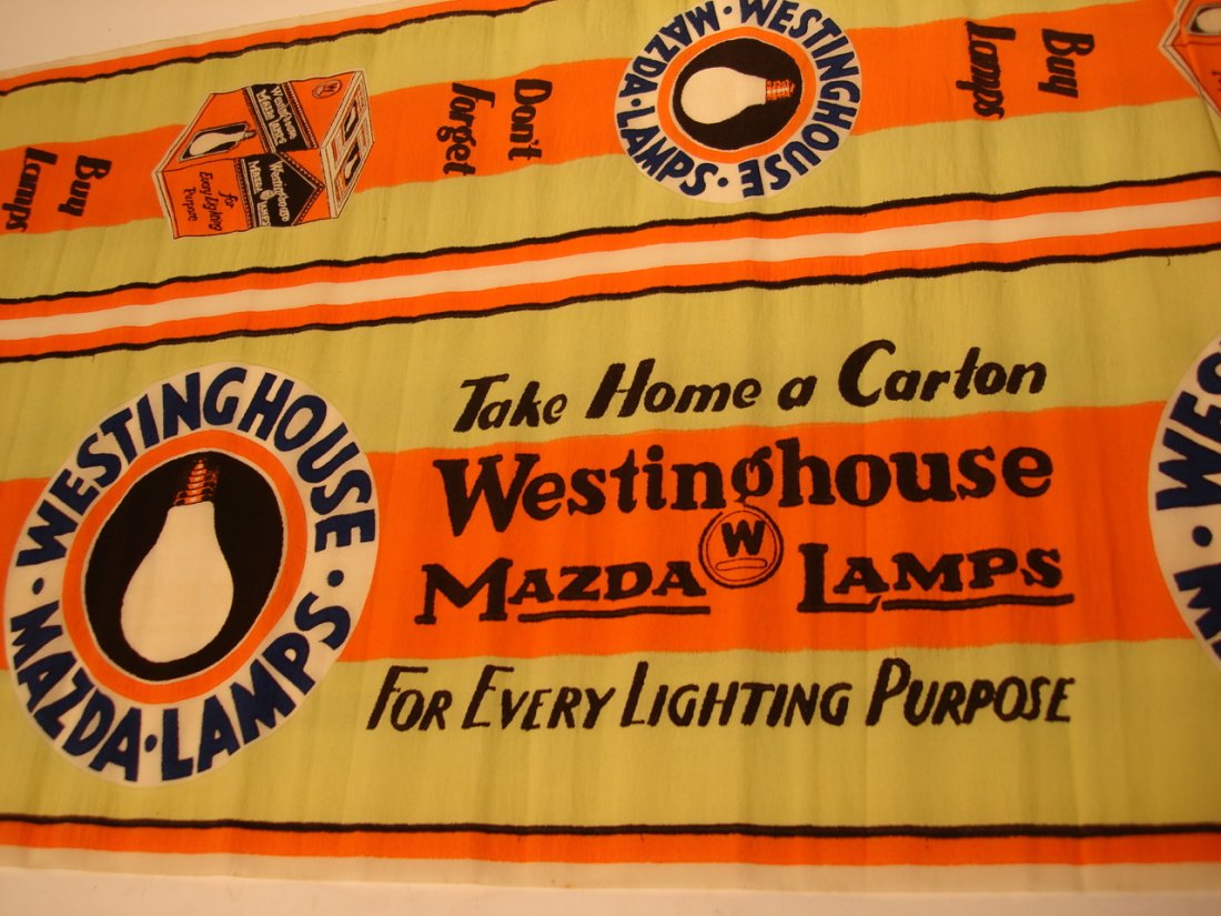 10 Ft Westinghouse Mazda Lamp Crepe Advertising Display: This early to mid 20th century, new old stock, Mazda Lamp store advertising display crepe banner is in mint unused condition. It is designed to be cut into vertical and horizontal display window borde