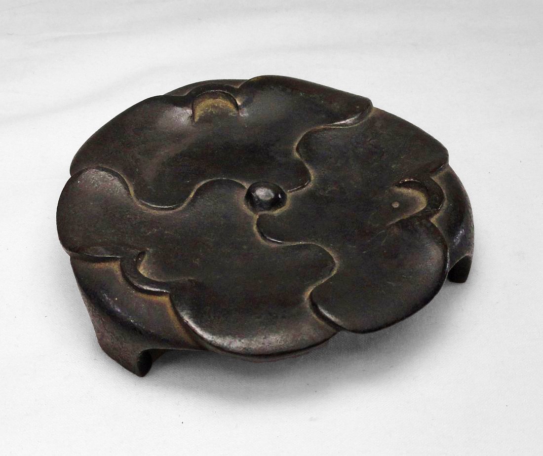 Chinese Bronze Floral Design Incense Burner Base Stand: Nice old chinese incense or brazier bronze metal stand with floral motif. Diameter 3 7/8 Inches (10.0 cm) Height 3/4 Inches (2.0 cm) The footholes are spaced approximately 6.5 cms apart.